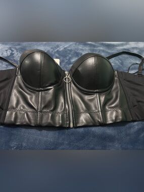 Faux Leather Front-Zip Bustier Bra - Black